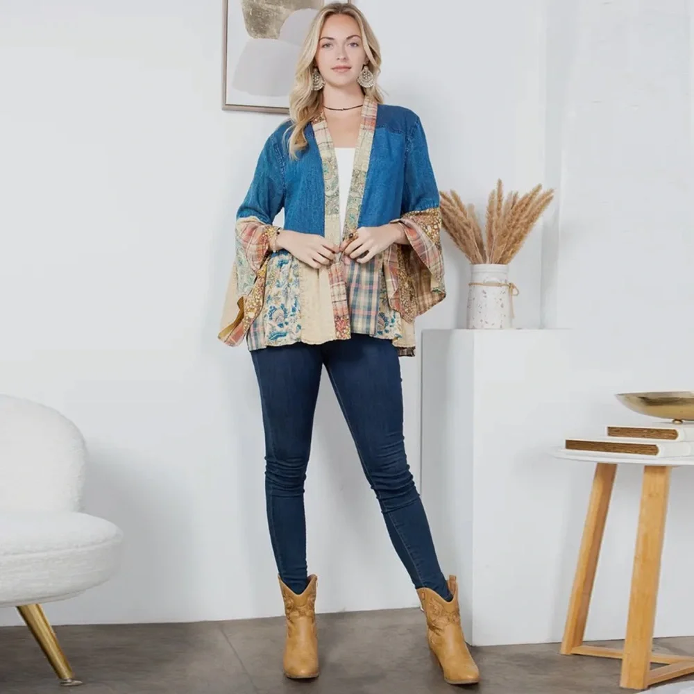 Patchwork Bohemian Jacket - Blue, Cream, Tan - Picture 5 of 6